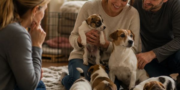 family visiting a dog breeder and asking questions meeting mother dog and puppies