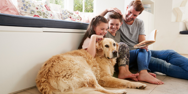 Family with dog in a pet friendly home