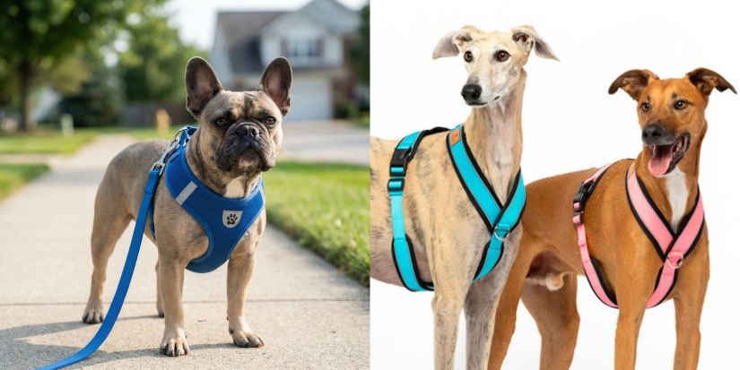 Dogs wearing harnesses